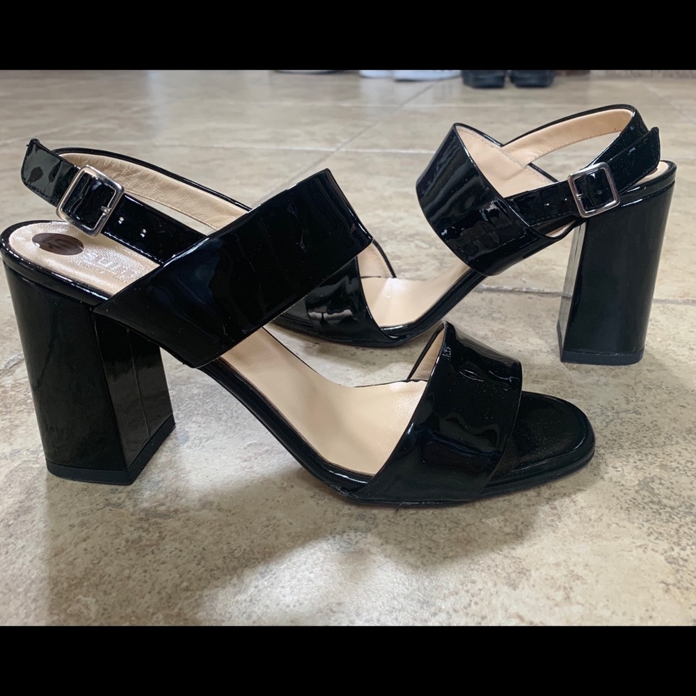 Black Patent Italian Leather Chunky Heel Sandal